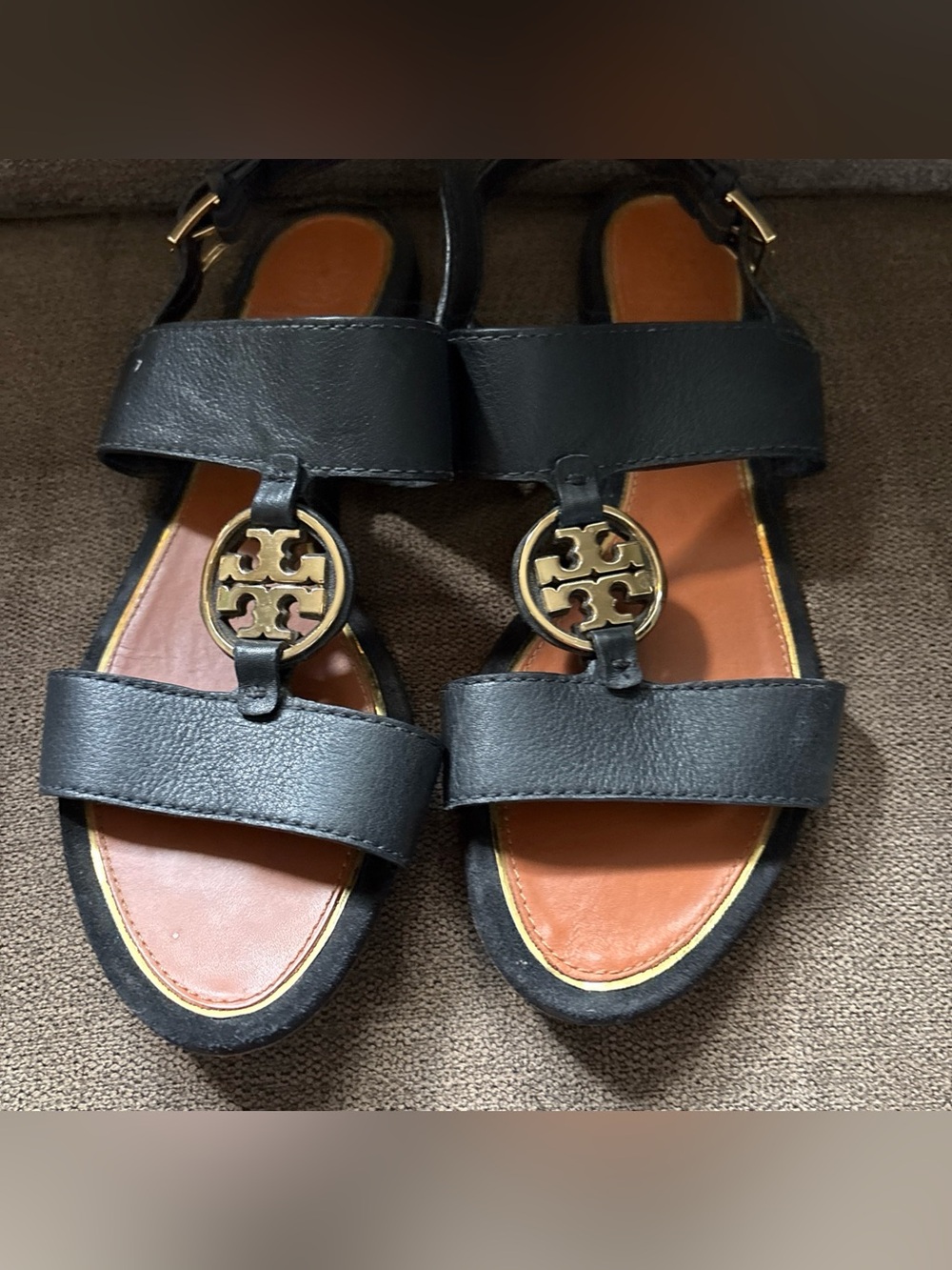 Tory Burch Metal Miller Two Band Sandals Black Tan Gold Size 8